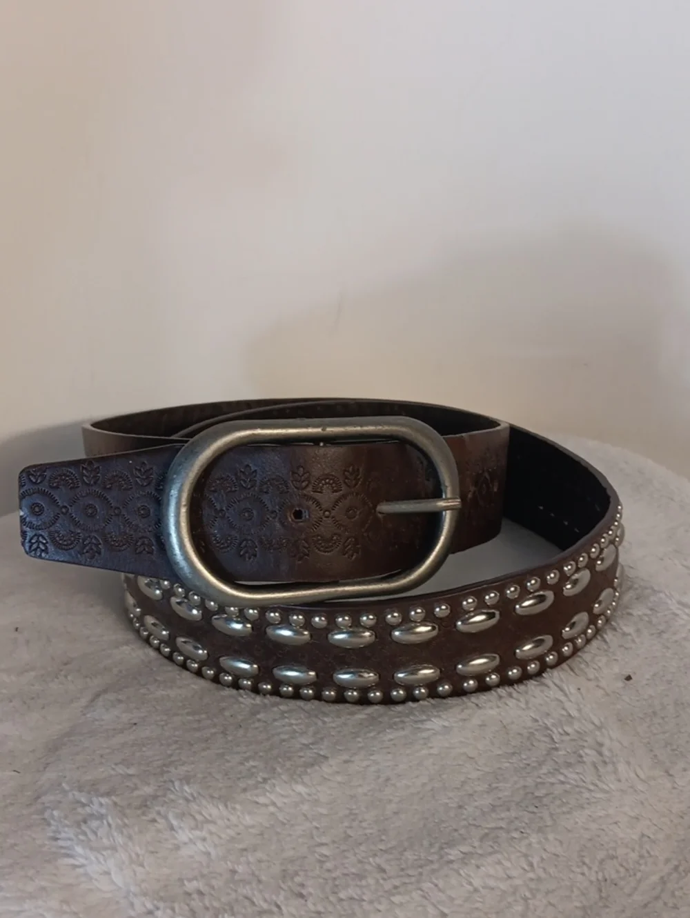 Women’s Brown Studded Leather Belt with Oval Metal Buckle